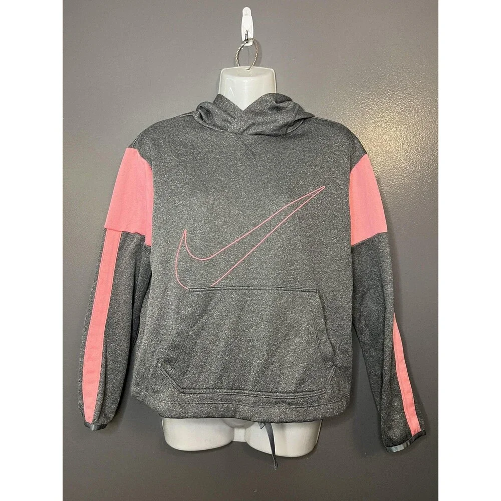 Nike Hoodie Youth XL Gray Pink Dri-Fit Pullover Sweatshirt Swoosh Logo